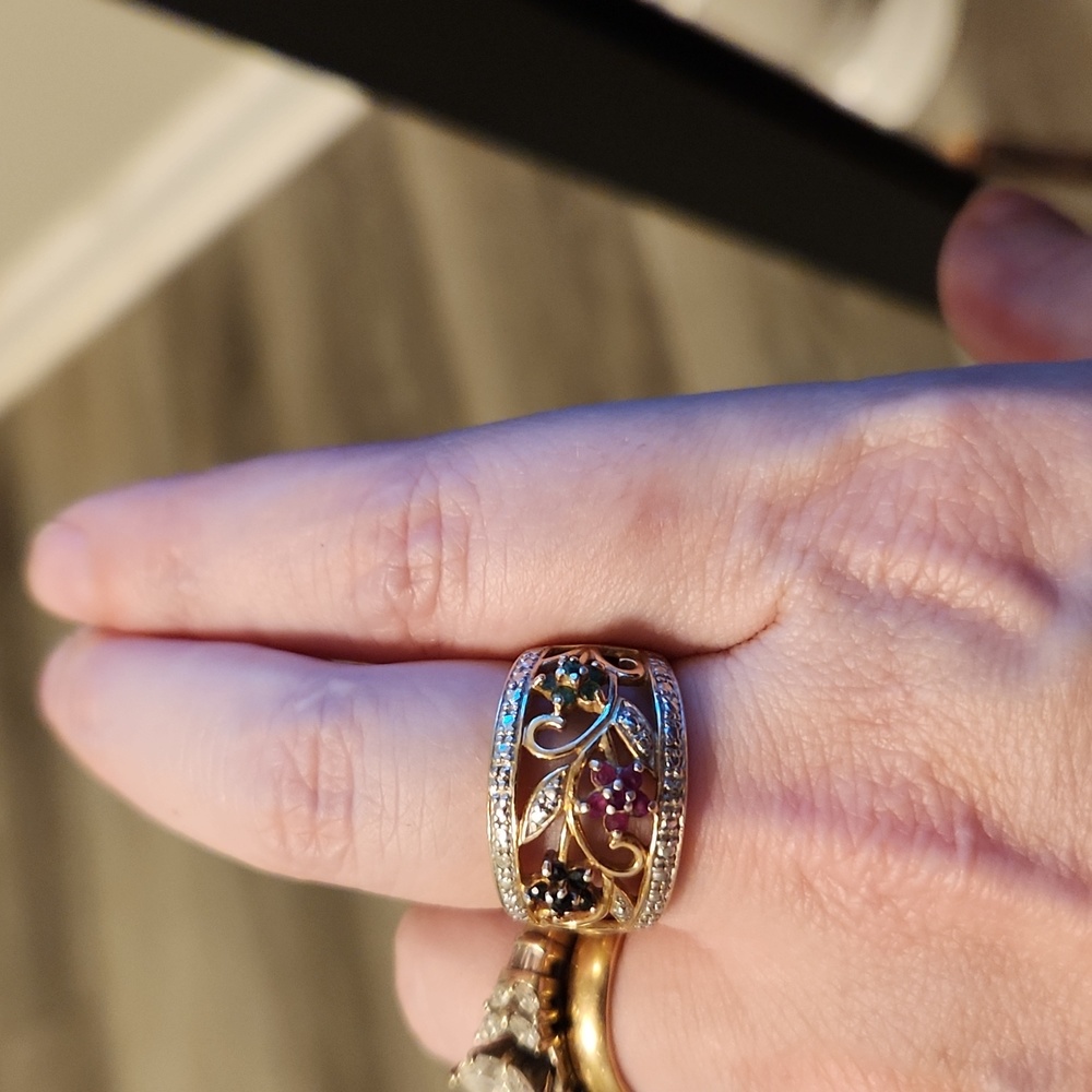 Filigree Multi-Stone Ring Sapphire, Ruby, Peridot… - image 1